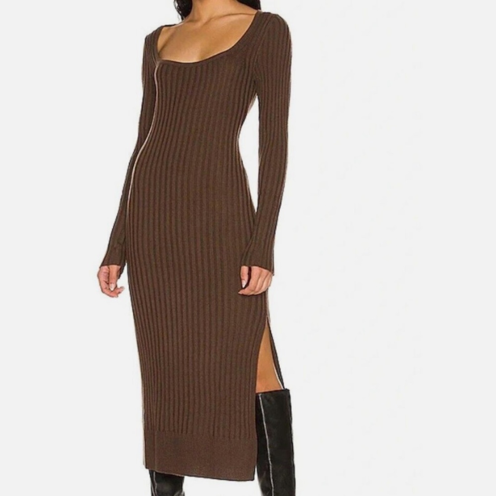 PAIGE Benita Dress Long Sleeve Square Neckline Below the Knee in Brown Taupe